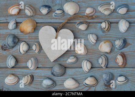 Nahaufnahme der verschiedenen Muscheln mit einer kleinen Holzform Herz auf der hölzernen Oberfläche Stockfoto