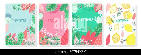 4 Set Natur Hintergrund, abstrakte Formen Früchte, Blätter, geometrische und Frauen Form, Collection Art abstrakt, Banner, Poster, Print. Stock Vektor