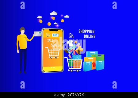 Online Shopping, Illustration Concept Marketing online auf mobile App, Website online. Stock Vektor