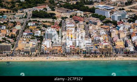 Luftbild, Arenal Strand mit Balneario 5, Balneario 6, Balneario 5, S'arenal, Arenal, Ballermann, Europa, Balearen, Spanien, Palma, es, Trave Stockfoto