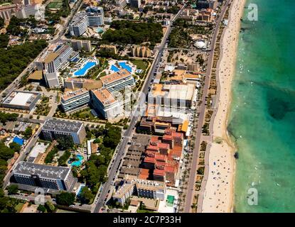 Luftaufnahme, Diskothek Oberbayern, Schinkenstraße, Bierstraße, Strand von Arenal mit Balneario 5, Balneario 6, Balneario 5, S'arenal, Arenal, Ballermann Stockfoto