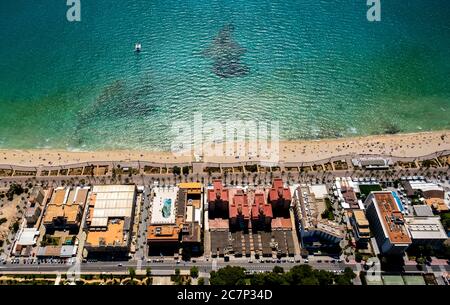 Luftaufnahme, Diskothek Oberbayern, Schinkenstraße, Bierstraße, Strand von Arenal mit Balneario 5, Balneario 6, Balneario 5, S'arenal, Arenal, Ballermann Stockfoto