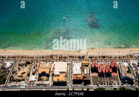 Luftaufnahme, Diskothek Oberbayern, Schinkenstraße, Bierstraße, Strand von Arenal mit Balneario 5, Balneario 6, Balneario 5, S'arenal, Arenal, Ballermann Stockfoto