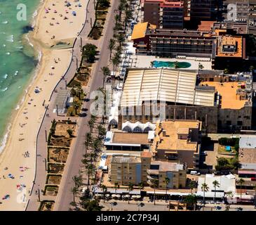 Luftbild, geschlossener großer Disco-Mega-Park, Strand von Arenal mit Balneario 5, Balneario 6, Balneario 5, S'arenal, Arenal, Ballermann, Europa, Balearen I Stockfoto