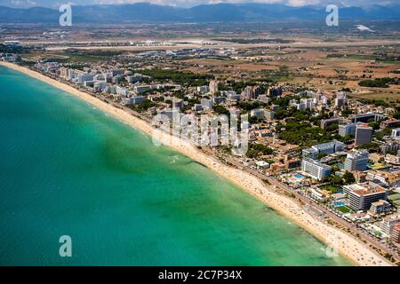 Luftbild, Arenal Strand mit Balneario 5, Balneario 6, Balneario 5, S'arenal, Arenal, Ballermann, Europa, Balearen, Spanien, Palma, es, Trave Stockfoto