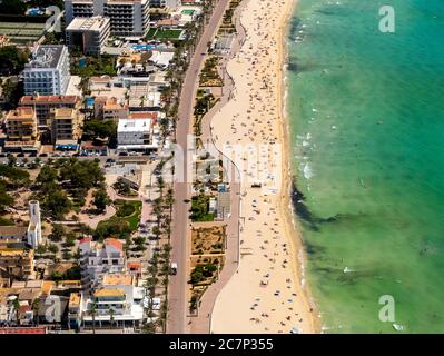 Luftbild, Arenal Strand mit Balneario 5, Balneario 6, Balneario 5, S'arenal, Arenal, Ballermann, Europa, Balearen, Spanien, Palma, es, Trave Stockfoto