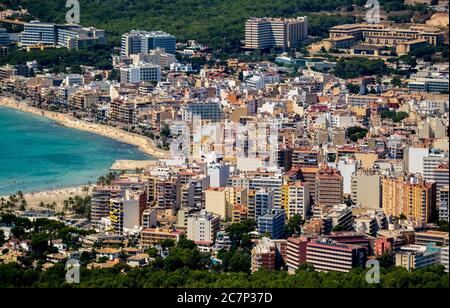 Luftaufnahme, Blick auf Arenal mit Strand und Bucht, S'arenal, Arenal, Ballermann, Europa, Balearen, Spanien, Llucmajor, es, Reisen, Tourismus, destina Stockfoto