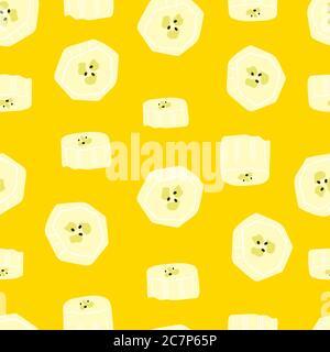 Positiver Fruit Summer Print mit Bananenscheiben isoliert auf gelbem Hintergrund. Vektor nahtlose Muster, endlose Textur in flachen Cartoon-Stil. Exotisch Stock Vektor