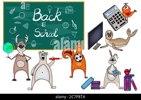 Zurück zur Schule. Tiere und Tafel mit Schulelementen isoliert auf weißem Hintergrund. Bildungsthema. Zeichentrickfiguren. Vektorgrafik Stock Vektor