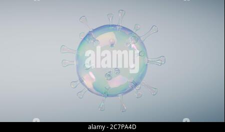 Coronavirus COVID-19 Grippebakterien aus Seifenblase. Mikroskopische Ansicht einer Mikrobenzelle. Einige Leute behaupten, dass Virus eine Fälschung ist und Quarantäne ist gehen Stockfoto