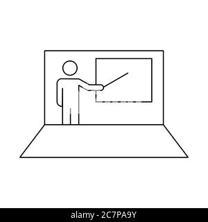 Online-Lehrer auf einem Laptop-Zeile Symbol. Menschliche Figur zeigt auf Whiteboard. Online-Schulungen. Heimschulung. E-Learning-Konzept. Schwarzer Umriss Stock Vektor