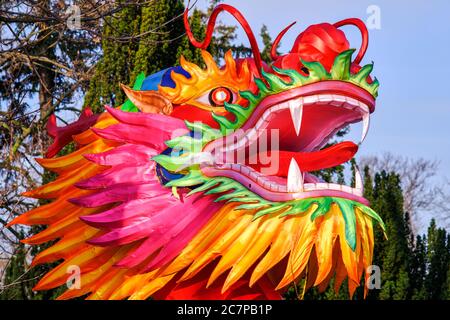 Belgrad / Serbien - 15. Februar 2020: Chinesisches Mondneujahr Drachenförmige Laterne in Belgrader Festung Kalemegdan Park in Belgrad, Hauptstadt von Serbi Stockfoto