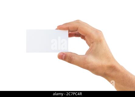 Männliche Hand mit weißer Visitenkarte isoliert auf weißem Hintergrund Stockfoto
