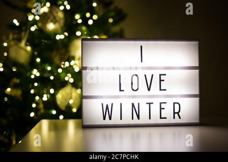 Winter und weihnachtskonzept - lihtbox mit Text Ich liebe den Winter im dunklen Raum mit dekorierten weihnachtsbaum Stockfoto