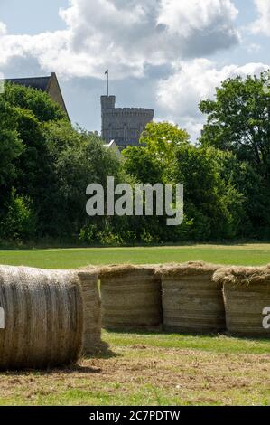 Eton, Windsor, Berkshire, Großbritannien. Juli 2020. Ein warmer sonniger Tag in Eton. Heuballen in den Wiesen des Eton College und Spielfeldern vor der Kulisse des Windsor Castle. Quelle: Maureen McLean/Alamy Stockfoto