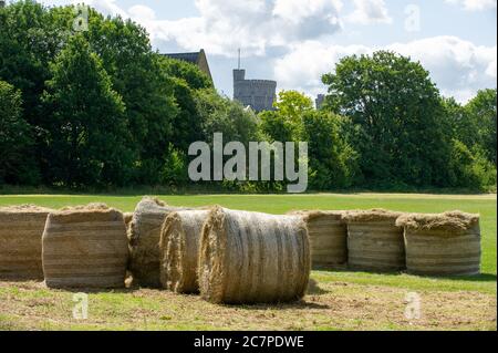 Eton, Windsor, Berkshire, Großbritannien. Juli 2020. Ein warmer sonniger Tag in Eton. Heuballen in den Wiesen des Eton College und Spielfeldern vor der Kulisse des Windsor Castle. Quelle: Maureen McLean/Alamy Stockfoto