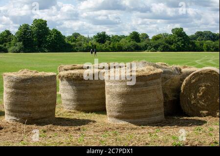 Eton, Windsor, Berkshire, Großbritannien. Juli 2020. Ein warmer sonniger Tag in Eton. Heuballen in den Wiesen und Spielfeldern des Eton College. Quelle: Maureen McLean/Alamy Stockfoto