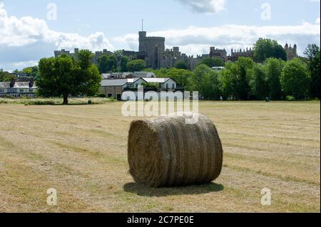 Eton, Windsor, Berkshire, Großbritannien. Juli 2020. Ein warmer sonniger Tag in Eton. Heuballen auf den Brocas Wiesen mit der Kulisse des Windsor Castle. Quelle: Maureen McLean/Alamy Stockfoto