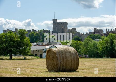 Eton, Windsor, Berkshire, Großbritannien. Juli 2020. Ein warmer sonniger Tag in Eton. Heuballen auf den Brocas Wiesen mit der Kulisse des Windsor Castle. Quelle: Maureen McLean/Alamy Stockfoto