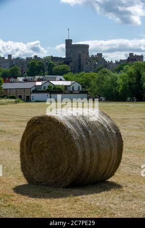 Eton, Windsor, Berkshire, Großbritannien. Juli 2020. Ein warmer sonniger Tag in Eton. Heuballen auf den Brocas Wiesen mit der Kulisse des Windsor Castle. Quelle: Maureen McLean/Alamy Stockfoto