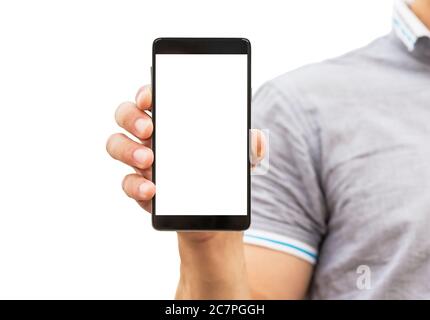 Junger Mann zeigt eine Handyanwendung, Nahaufnahme Stockfoto