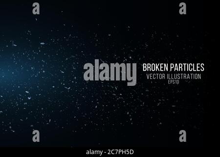 Zerbrochenes Glas mit kleinen Partikeln isoliert auf schwarzem Hintergrund. Fliegende Fragmente. Blaue Lichter. Vektorgrafik. EPS 10 Stock Vektor