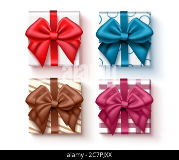 Geschenk präsent Vektor-Set. Geschenkelement mit buntem Band oder Lasso und Muster-Wrapper für Jubiläum und Geburtstagsfeier Kollektion Design. Stock Vektor