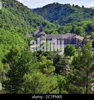 Provence. Blick von oben auf das alte Kloster Abbaye Notre-Dame de Senanque (Abtei von Senanque) bei Sonnenuntergang. Vaucluse, Frankreich Stockfoto