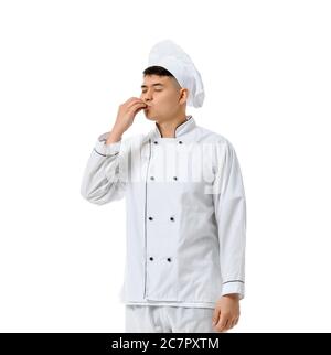 Schöner asiatischer Koch auf weißem Hintergrund Stockfoto