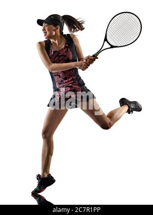 Eine junge Tennisspielerin asian Frau isoliert in Studiosilhouette auf weißem Brackground Stockfoto