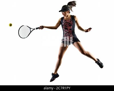 Eine junge Tennisspielerin asian Frau isoliert in Studiosilhouette auf weißem Brackground Stockfoto