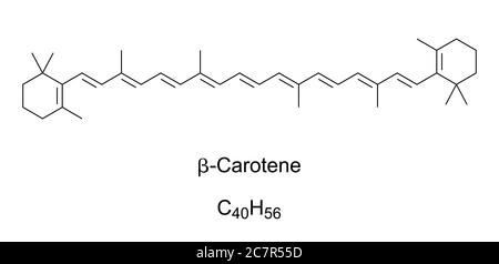 Beta-Carotin, chemische Struktur. Organisches, stark gefärbtes rot-oranges Pigment in Pilzen, Pflanzen und Früchten. Häufigste Form von Carotinen in Pflanzen. Stockfoto
