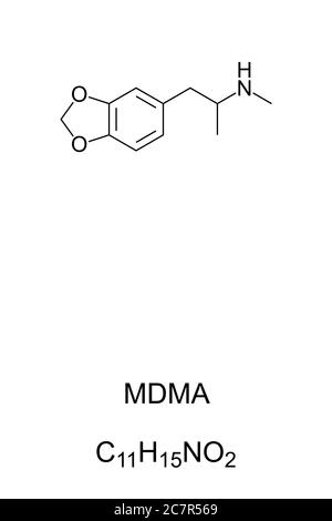 MDMA, Ecstasy, E oder molly, chemische Struktur und Formel. Illegale psychoaktive Droge für Erholungszwecke verwendet, aber mit schlechten Nebenwirkungen. Stockfoto