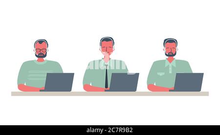 Webbanner von Callcenter-Mitarbeitern. Junge Männer mit Kopfhörern sitzen auf weißem Hintergrund am Tisch. Personen-Symbole. Flippiger flacher Style. Vektor Stock Vektor