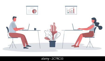Büroangestellte am Arbeitsplatz. Business-Symbol. An den Schreibtischen im Bürozimmer sitzen junger Mann und junge Frau Stock Vektor