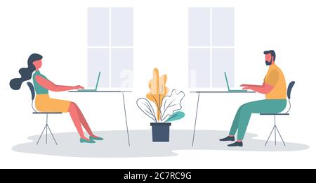 Büroangestellte am Arbeitsplatz. Business-Symbol. An den Schreibtischen im Bürozimmer sitzen junger Mann und junge Frau. Es gibt Schreibtisch, Stuhl, Laptop Stock Vektor