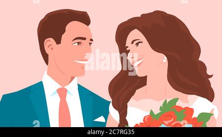 Glückliche Braut und Bräutigam aus nächster Nähe. Stock Vektor