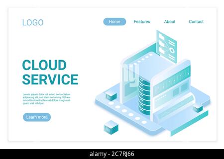 Big Data-Technologie Landing Page isometrische Vektor-Vorlage. Internet-Server, Wireless-Technologie. Informations- und Datenbankspeicherung. Computer Hardware Ausrüstung Website Homepage 3d Layout Stock Vektor