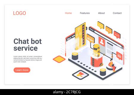 Chat bot Service isometrischer Vektor Landing Page Template. Customer Support Chatbot Website Design Layout. Client virtuelle Assistent, Roboter-Betreiber Web-Seite 3d-Konzept. AI-Technologie Webseitenschnittstelle Stock Vektor