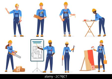 Erbauer in einheitlichen flachen Vektor-Zeichen gesetzt. Bauarbeiter in blauen Overalls und Hardhats. Cartoon-Ingenieure, Architekten, Techniker bei der Arbeit. Frauen brechen Stereotypen. Idee der Rassengleichheit Stock Vektor