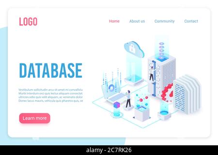 Datenbank Landing Page isometrische Vektor-Vorlage. Internet der Dinge, Datenserver Speicher 3d Web-Banner. Drahtlose Technologien, Telekommunikation. Website-Layout der Cloud Computing-Dienste Stock Vektor