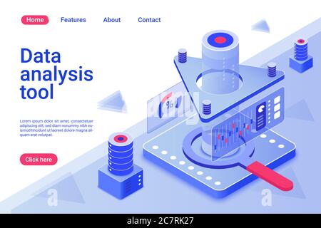 Datenanalyse-Tool isometrische Landing Page-Vorlage. Analyse der Informationstechnologie. 3d-Gerät mit Dashboard für statistische Berichte. Innovative digitale Datenbank Organizer Webseite Design Layout. Stock Vektor