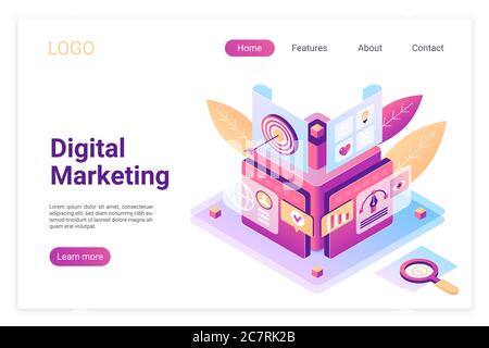 Isometrische Landing Page-Vorlage für digitales Marketing. Planung der E-Commerce-Strategie. Analyse des Benutzerprofils, Zielgruppe Metapher für Kunden. SEO für bessere Leistung, Website Ranking Statistiken. Stock Vektor