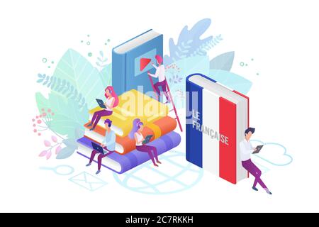 Online-Sprachkurse flache Vektor-Illustration. Französisch Sprache Internet-Klasse, e lernen isoliert Clipart auf weißem Hintergrund. Fernunterricht, Fernschule, Frankreich Universitätsunterricht Stock Vektor