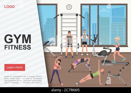 Vorlage für die Startseite des Fitnessstudios. Fitness Club, Sport Center Website Homepage Interface-Idee mit flachen Vektor-Illustrationen. Professionelle Ausbildung, Bodybuilding Web Banner Cartoon Konzept Stock Vektor