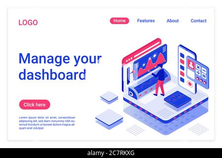 Dashboard-Management-Isometrische Landing Page-Vorlage. Organisation von computergestützten Arbeitsbereichen. Vorbereiten der KPI-Datenanalyse. Statistikberichte Optimierung Dienste Webseite Design Layout Stock Vektor