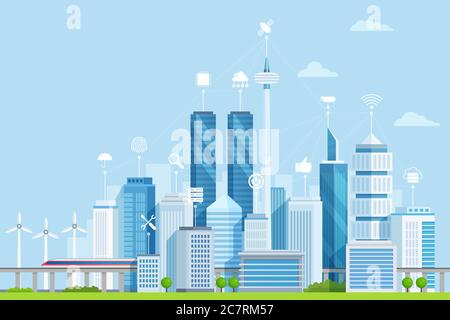 Smart City: Flache Vektorgrafik. Modernes Stadtgebiet mit digitalem Gebäudenetzwerk. Cartoon Wolkenkratzer, Türme senden Telekommunikation, WiFi-Signale. Futuristische IOT-Stadt mit Windenergie. Stock Vektor