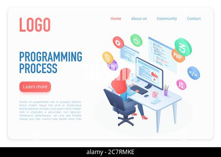 Isometrische Vektorvorlage für die Landing Page des Programmiervorgangs. Software-Entwicklung 3d-Konzept. Weibliche Coder, Programmierer Kurse. Digitale Technologie. Informatik, IT-Industrie Website Homepage Layout Stock Vektor
