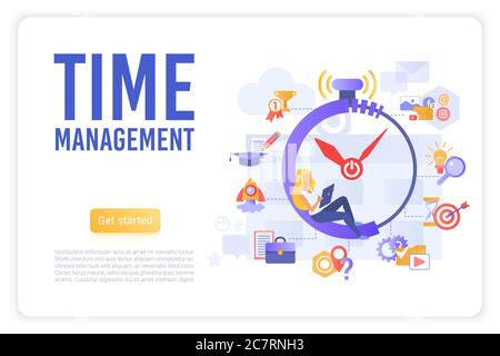 Zeitmanagement Landing Page Vektorvorlage. Workflow Organisation Website Homepage Interface Layout mit flachen Vektor-Illustrationen. Arbeitseffizienz, Produktivität steigern Web-Banner Cartoon-Konzept Stock Vektor