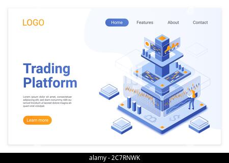 Trading Platform isometrische Landing Page-Vorlage. Online-Finanzmarktanalysen. Digitale Börsen-Software. Kryptowährung Analyst Cartoon-Charakter. Layout der Webseite für Broker Services. Stock Vektor